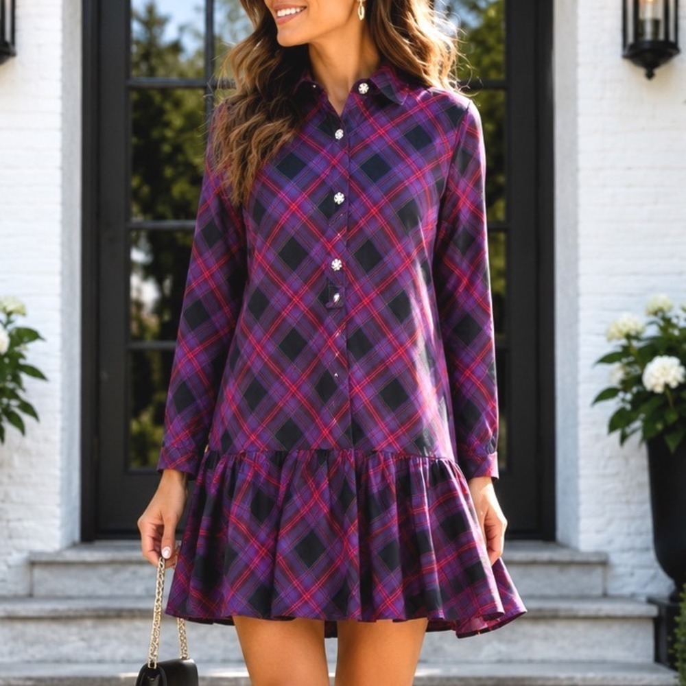 UNTUCKit Reese Plaid Shirt Dress Purple Red Jeweled Button Drop Waist Mini M Z5